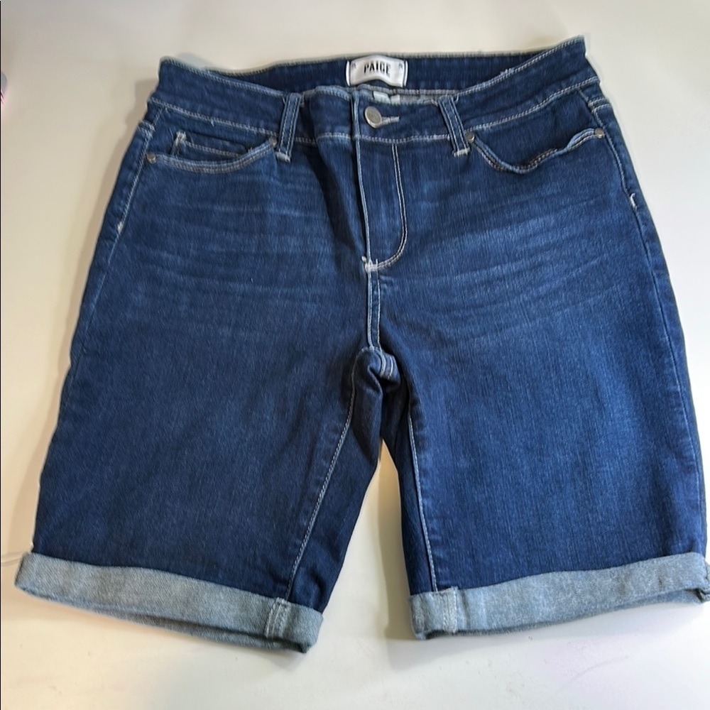 PAIGE JAX KNEE DARK WASH DENIM  STRETCHY BERMUDA CUFFED SUMMER SHORTS SIZE 29